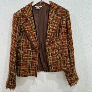 STONEBRIDGE Open Tweed Plaid Jacket Fringe Cuffs Size Medium